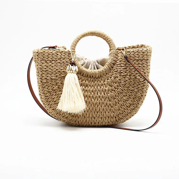 H Straw Woven Bag Moon Woven Female Bag Shoulder Portable Dual-Use - Bellarte Enchanté H Straw Woven Bag Moon Woven Female Bag Shoulder Portable Dual-Use